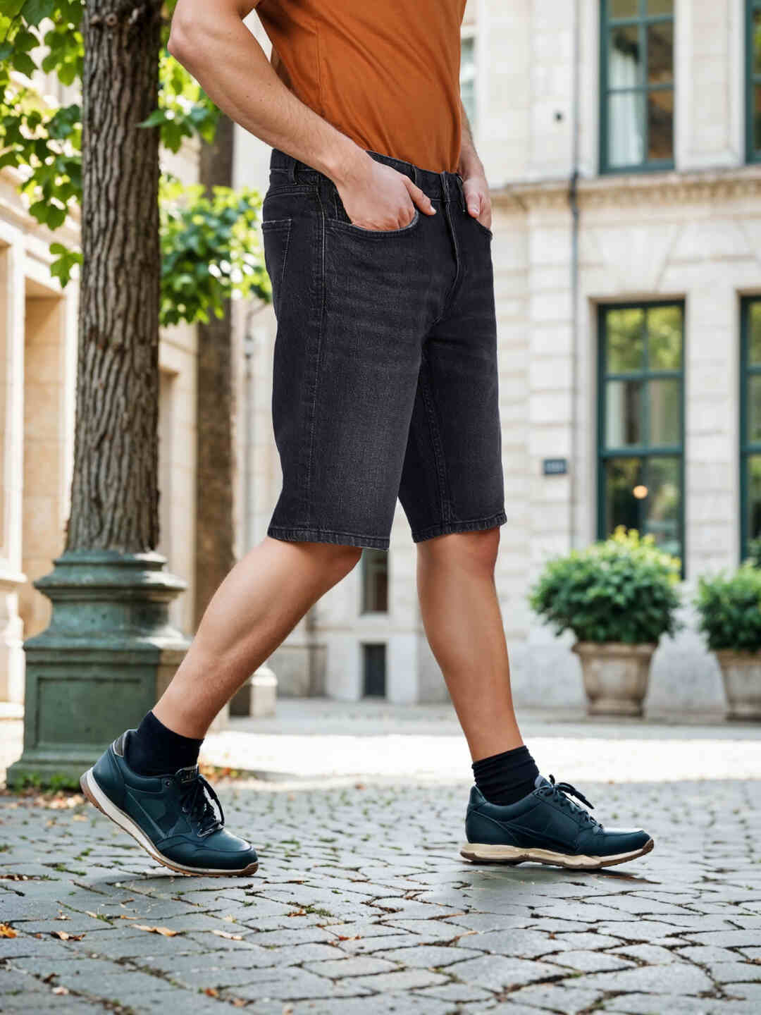 Buy Celio Men Black Solid Regular Fit Cotton Denim Bermuda Shorts - Main Image