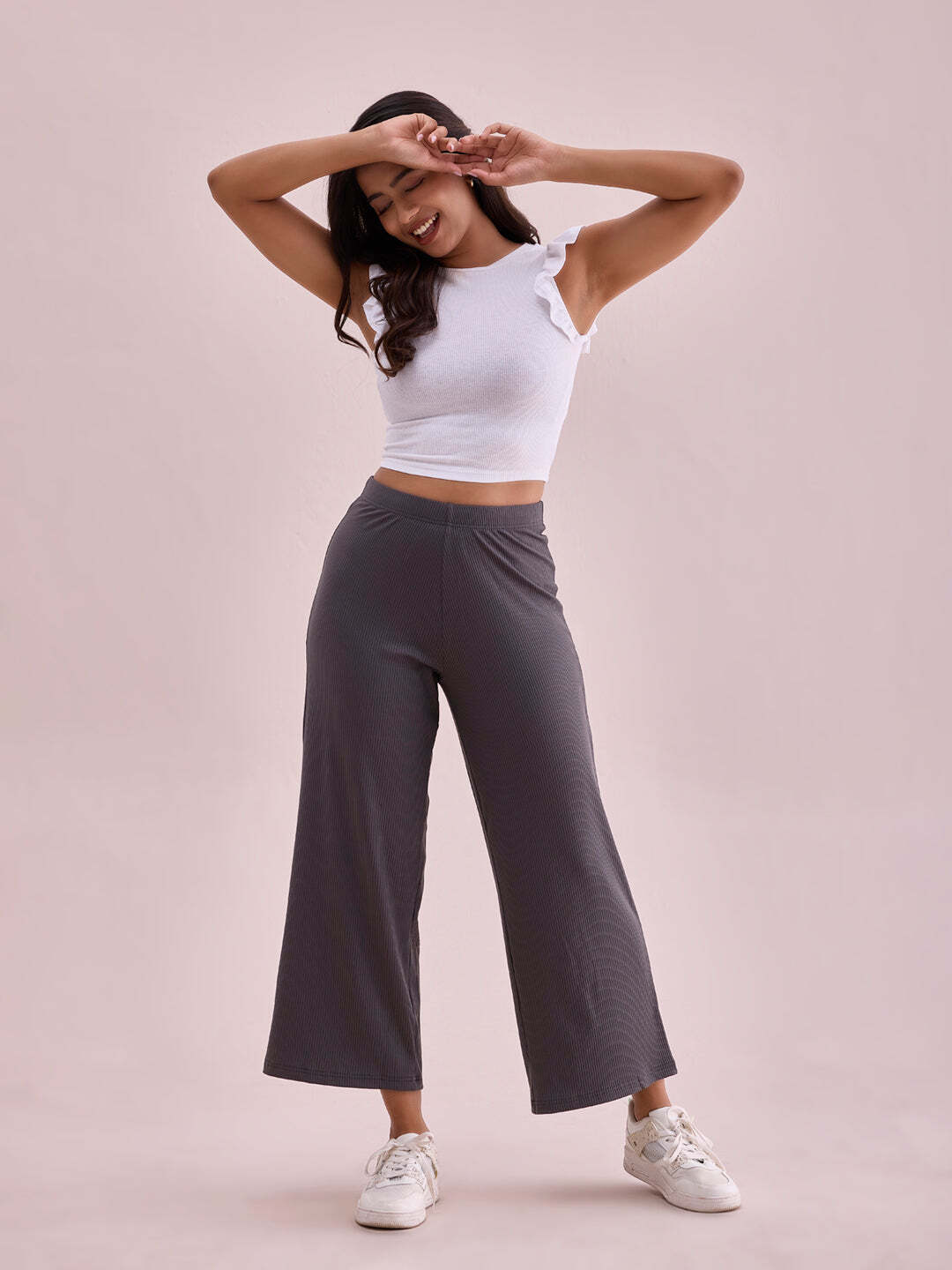 Buy Go Colors Women's Solid Silver Grey Mid Rise Ribbed Palazzos